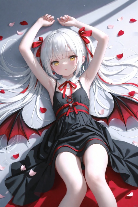  masterpiece,best quality,high quality,(colorful),[[[[Artist wlop:0.1]]]],loli,1girl, solo, dress, black dress, yellow eyes, long hair, looking at viewer, ribbon, armpits, arms up, wings, twintails, parted lips, red ribbon, sleeveless, sleeveless dress, jewelry, white hair, bare shoulders, hair ribbon, demon wings, earrings, very long hair, breasts, petals, small breasts, bare arms, blush, detached collar, sidelocks, on back