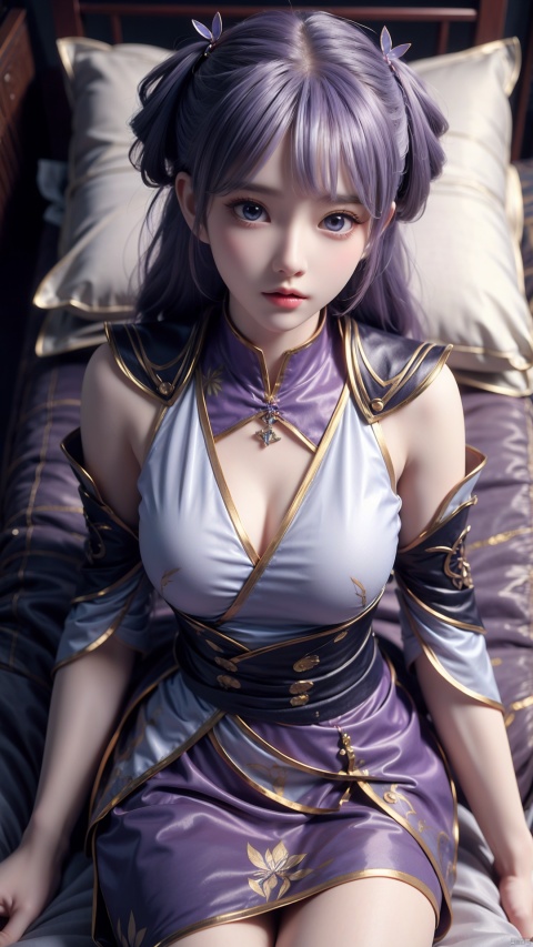  1girl, light purple hair, twintails, blue eyes, dress, detached sleeves, looking at viewer, lying, perfect body, scenery, sharp focus, best quality, masterpiece, detailed outfit, illustration, perfect eyes, finely detailed beautiful anime eyes, realistic skin, intricate details, best lighting, depth of field, ultra high resolution, bed, from above