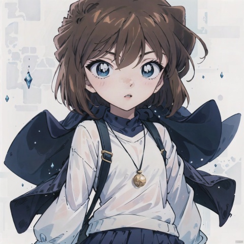  conan,1girl,solo,1girl, solo, skirt, Short hair, blue eye,brown hair, upper body,Short hair, sweater, long skirt,freckles,holding, lips, white background, shoes, long skirt, fashion, longsleeves,boots,conan,HTTP,褰╄壊澶栧,澶栧, colors, backlight, HaibaraAi, Anime