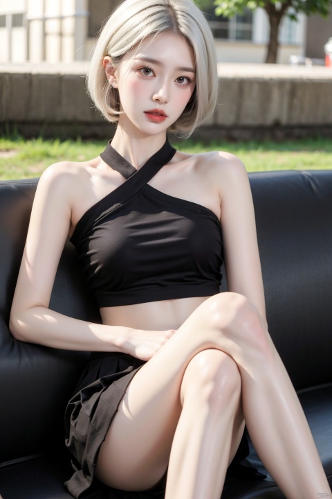  A girl, half-length, bare thighs, black pleated skirt.Short white hair, staring at the audience,outdoor