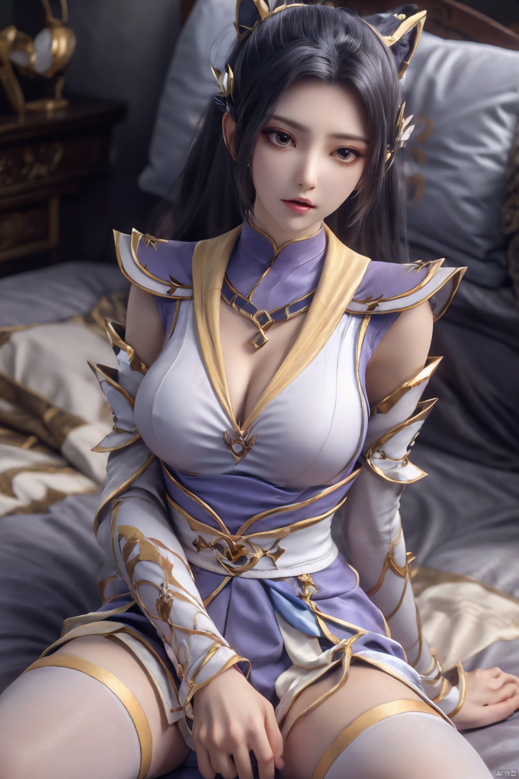 1girl,full_body ,solo,long hair,breasts,looking at viewer,black hair,((bed:1.2)),closed mouth,earrings,sharp focus,best quality,masterpiece,illustration,realistic skin,(intricate details),perfect body,necklace,long hair fluttering,fox ears,(sailor uniform:1.3),,cleavage of breast,(exposed cleavage:1.1),,,((w_arms:1.5)),on back,leaning_back,biting,drunk, spread_*****