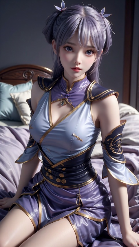  1girl, light purple hair, twintails, blue eyes, dress, detached sleeves, looking at viewer, lying, perfect body, scenery, sharp focus, best quality, masterpiece, detailed outfit, illustration, perfect eyes, finely detailed beautiful anime eyes, realistic skin, intricate details, best lighting, depth of field, ultra high resolution, bed, from above