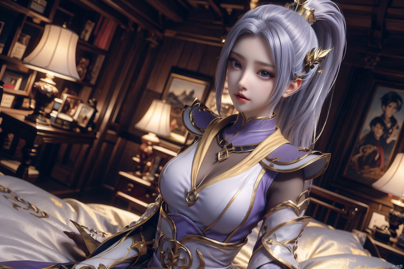  1girl, light purple hair, black thighhighs, ponytail, gloves, blue eyes, long hair, breasts, armor, hair ornament, black gloves, looking at viewer, lying, perfect body, scenery, sharp focus, best quality, masterpiece, detailed outfit, illustration, perfect eyes, finely detailed beautiful anime eyes, realistic skin, intricate details, best lighting, depth of field, ultra high resolution, bed, from above
