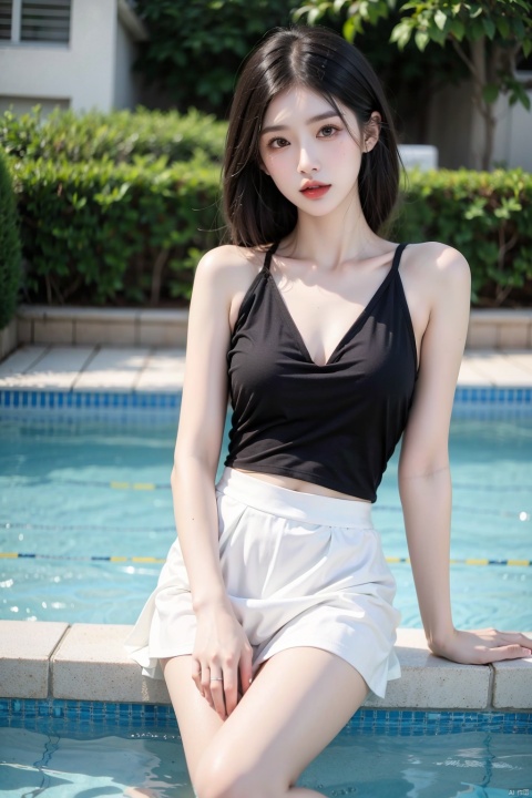 A girl, half-length, bare thighs, black pleated skirt.Short white hair, staring at the audience,outdoor,Swimming pool, swimsuit