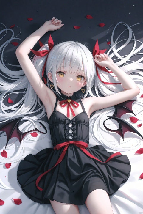  masterpiece,best quality,high quality,(colorful),[[[[Artist wlop:0.1]]]],loli,1girl, solo, dress, black dress, yellow eyes, long hair, looking at viewer, ribbon, armpits, arms up, wings, twintails, parted lips, red ribbon, sleeveless, sleeveless dress, jewelry, white hair, bare shoulders, hair ribbon, demon wings, earrings, very long hair, breasts, petals, small breasts, bare arms, blush, detached collar, sidelocks, on back