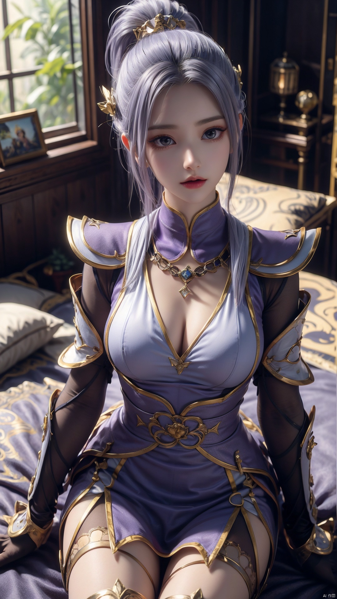  1girl, light purple hair, black thighhighs, ponytail, gloves, blue eyes, long hair, breasts, armor, hair ornament, black gloves, looking at viewer, lying, perfect body, scenery, sharp focus, best quality, masterpiece, detailed outfit, illustration, perfect eyes, finely detailed beautiful anime eyes, realistic skin, intricate details, best lighting, depth of field, ultra high resolution, bed, from above