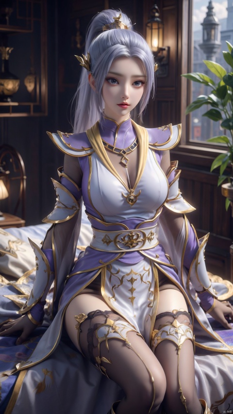  1girl, light purple hair, black thighhighs, ponytail, gloves, blue eyes, long hair, breasts, armor, hair ornament, black gloves, looking at viewer, lying, perfect body, scenery, sharp focus, best quality, masterpiece, detailed outfit, illustration, perfect eyes, finely detailed beautiful anime eyes, realistic skin, intricate details, best lighting, depth of field, ultra high resolution, bed, from above