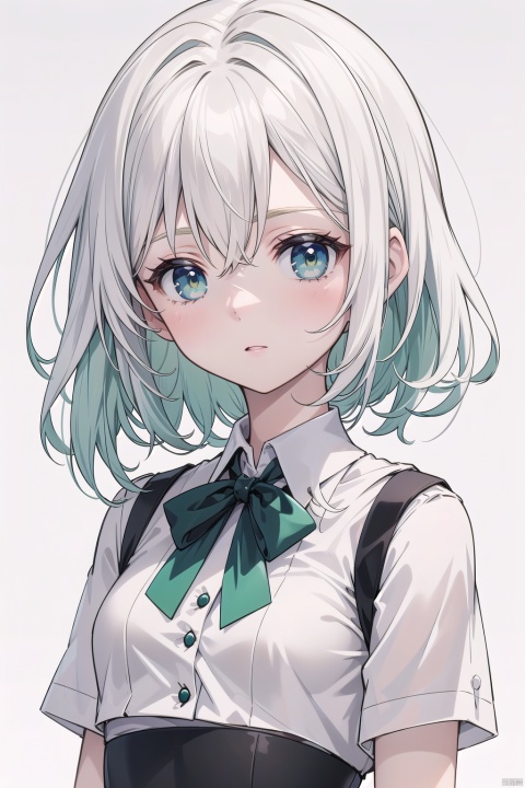  masterpiece, best quality, best illustration, ultra-detailed, upper body, solo, 1 girl, looking at viewer, upright, arms at sides, beautiful detailed eyes, concept art, white background, simple background, white hair, green gradient hair, short sleeves, watercolor pencil, expressionless,