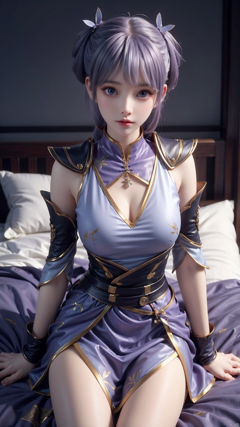  1girl, light purple hair, twintails, blue eyes, dress, detached sleeves, looking at viewer, lying, perfect body, scenery, sharp focus, best quality, masterpiece, detailed outfit, illustration, perfect eyes, finely detailed beautiful anime eyes, realistic skin, intricate details, best lighting, depth of field, ultra high resolution, bed, from above