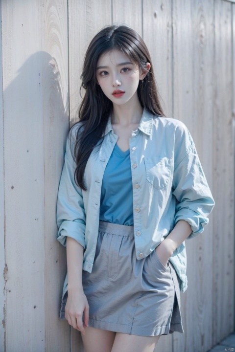  1girl, solo, long hair, looking at viewer, skirt, shirt, standing, jacket, blue shirt, light blue hair, newspaper, newspaper wall, lips, wall, gray wall, newspaper are covered with walls, put one hand in pocket, body close to the wall, sleeves past wrists, grey eyes, red lips, mjuanlian, (/qingning/), (\ji jian\), (/qingning/), babata, (\shen ming shao nv\), mtianmei