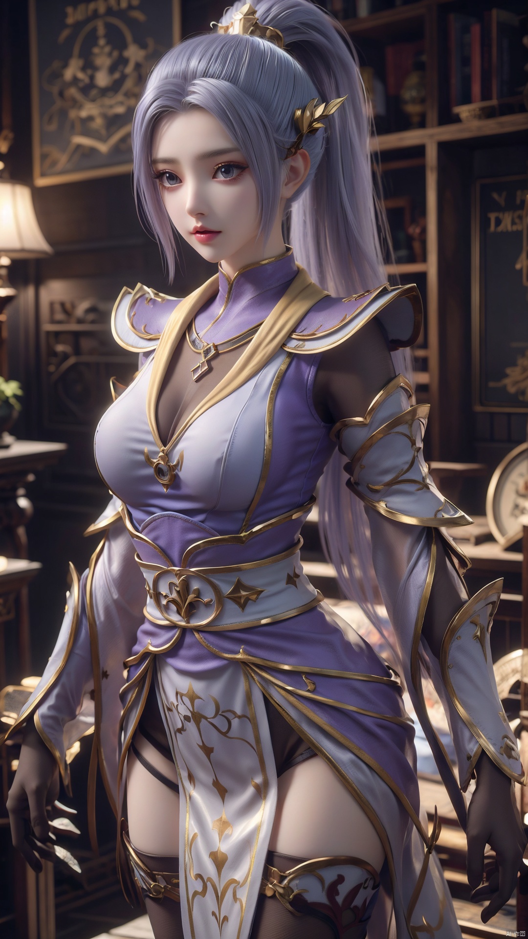  1girl, light purple hair, black thighhighs, ponytail, gloves, blue eyes, long hair, breasts, armor, hair ornament, black gloves, looking at viewer, lying, perfect body, scenery, sharp focus, best quality, masterpiece, detailed outfit, illustration, perfect eyes, finely detailed beautiful anime eyes, realistic skin, intricate details, best lighting, depth of field, ultra high resolution, bed, from above
