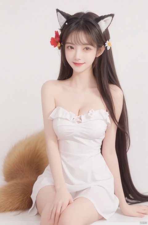  1girl, animal_ears, bare_shoulders, breasts, cleavage, dress, flower, fox_ears, fox_tail, hair_ornament, long_hair, looking_at_viewer, medium_breasts, simple_background, sitting, sketch, smile, solo, spot_color, white_background,moyou, wangyushan