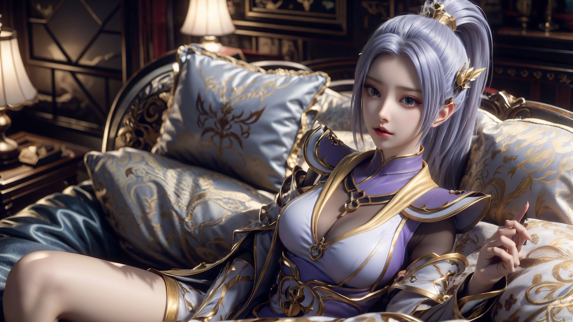  1girl, light purple hair, black thighhighs, ponytail, gloves, blue eyes, long hair, breasts, armor, hair ornament, black gloves, looking at viewer, lying, perfect body, scenery, sharp focus, best quality, masterpiece, detailed outfit, illustration, perfect eyes, finely detailed beautiful anime eyes, realistic skin, intricate details, best lighting, depth of field, ultra high resolution, bed, from above