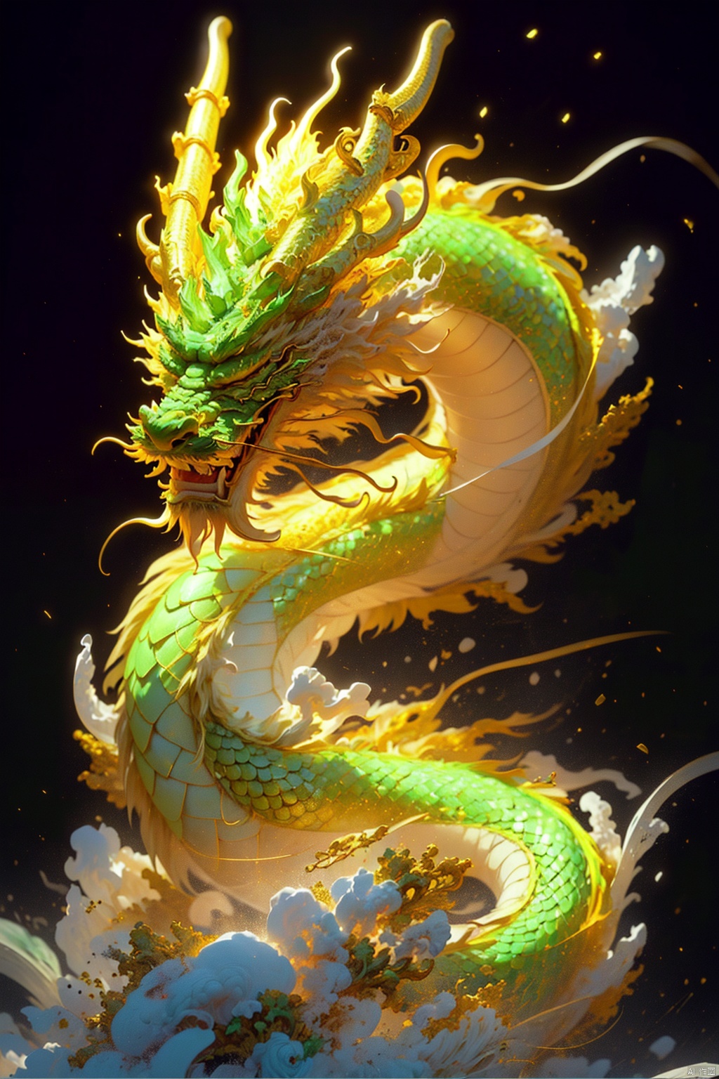  Gold and green, a Chinese dragon, jade of China, in deep white and gold and light green styles, layered fiber, organic carving, focus stack, (\shi shi ru yi\), Chinese dragon, 1Man