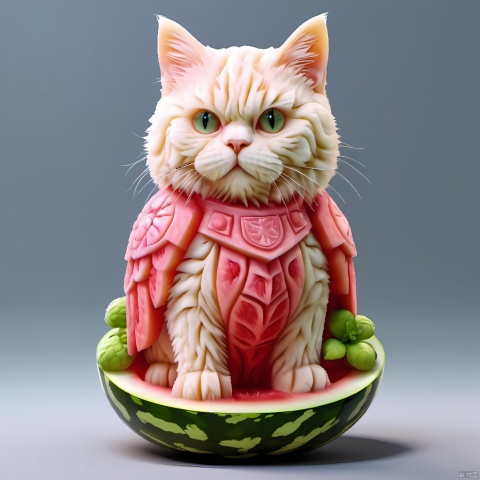  watermeloncarving,super cute fluffy cat warrior in armor, photorealistic, 4K, ultra detailed, vray rendering, unreal engine, mysterious, masterpiece, best quality,super realistic,crazy etails