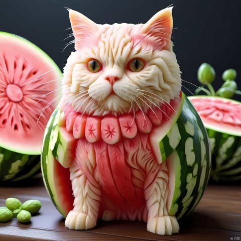  watermeloncarving,super cute fluffy cat warrior in armor, photorealistic, 4K, ultra detailed, vray rendering, unreal engine, mysterious, masterpiece, best quality,super realistic,crazy etails