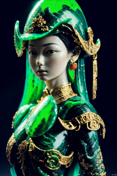  1girl,(cowboy shot:1.3),(chinese clothes:1.3),collar,jade,jade statue,porcelain skin,porcelain face,porcelain,green gemstone,coloredskin,,,,simple background,blue and white porcelain,jewelry,gem, jade , jade sculpture , green gemstone