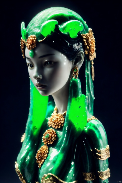  1girl,(cowboy shot:1.3),(chinese clothes:1.3),collar,jade,jade statue,porcelain skin,porcelain face,porcelain,green gemstone,coloredskin,,,,simple background,blue and white porcelain,jewelry,gem, jade , jade sculpture , green gemstone