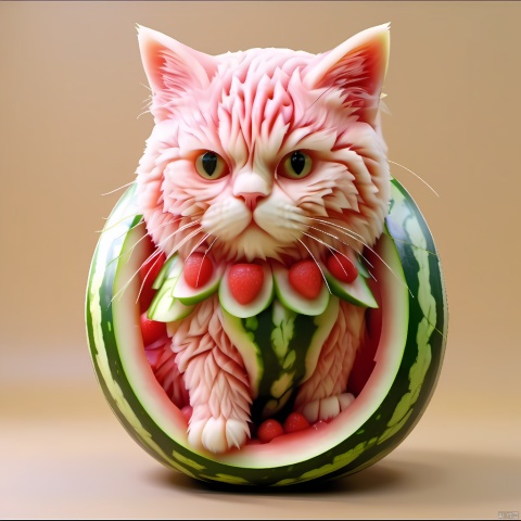  watermeloncarving,super cute fluffy cat warrior in armor, photorealistic, 4K, ultra detailed, vray rendering, unreal engine, mysterious, masterpiece, best quality,super realistic,crazy etails