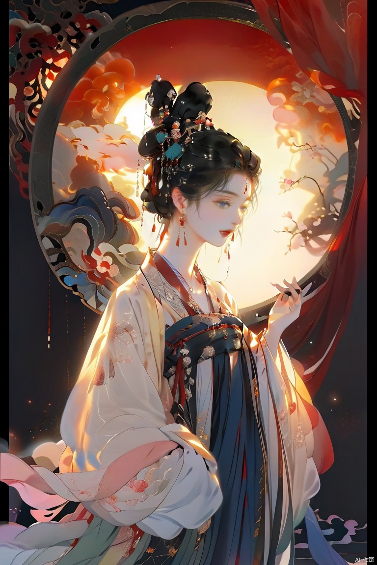  Ancient beauty, side, gorgeous costume, hair earrings. Next to the translucent gold, red sun rising, half clouds. Delicate brush strokes, romantic atmosphere, showing the classic beauty. Hairpin, earrings, bracelet, jade pendant,Petal
"Minimalist composition, master composition, ultra-fine detail, smooth lines.", gufeng, guohua