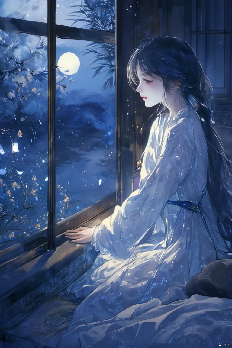  ((masterpiece,best quality)), ink-painting,highres, 1girl, furina, heterochromia, tears in eyes, smile, long sleeves, looking back,
The girl sits by the window, with moonlight casting a glow on her face, accentuating the crystal tears. She bows her head slightly, her hands supporting her chin, as silent tears trickle down, exuding a serene sadness. The nocturnal background contrasts sharply with her tears, creating a hauntingly beautiful atmosphere., MAJICMIX STYLE