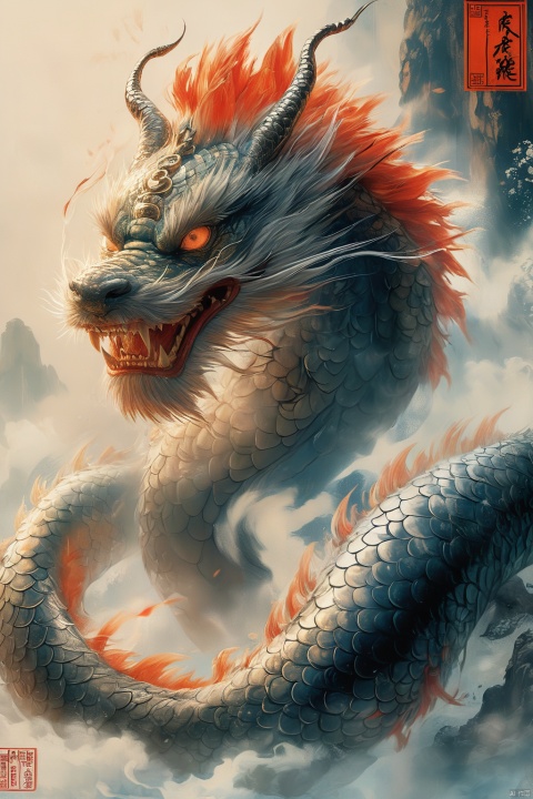  masterpiece,best quality,The chiwen is fierce, its body covered in scales as hard as iron. Its eyes burn with an inner fire, and its jaws are lined with razor-sharp teeth. As it moves, the ground trembles beneath its feet, and its roar is like the crack of thunder, striking fear into the hearts of all who hear it.