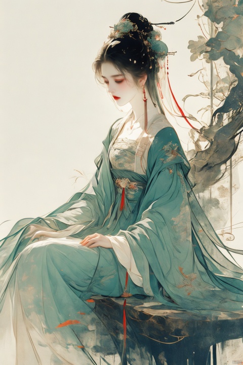  A lady sitting gracefully in her boudoir, dressed in magnificent Song-style clothing, with beaded curtains fluttering gently. Outside the window is a hazy view of rainy Jiangnan. The overall painting has a delicate color palette and meticulous brushstrokes, creating a hazy and beautiful image of a Song Dynasty lady.
masterpiece, best quality, ultra high res, (extreme detailed), (1 beautiful girl), (abstract art:1.4),bleeding green, visually stunning, beautiful, evocative, emotional, ((white background)), blue theme, Light master, (\meng ze\), guoflinke