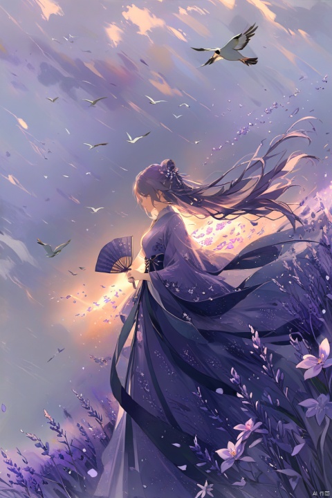 A woman in lavender clothes, holding a fan with patterns of flowers and birds, stands under the lavender sky, surrounded by flying petals, creating a romantic and beautiful atmosphere. god girl