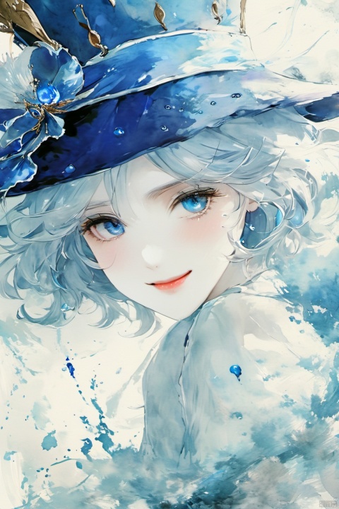  ((masterpiece,best quality)), ink-painting,highres, 1girl, furina, heterochromia, blue hat, tears in eyes, smile, long sleeves, looking back,