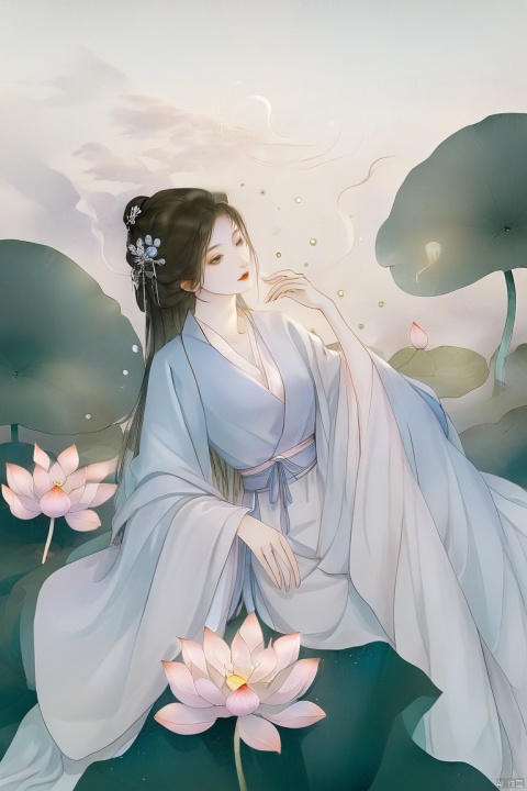 A brunette, blue garland, lying on her side on a lotus, surrounded by lotus flowers, light clouds, light brown background, dreamy serenity. "Minimalist composition, master composition, ultra-fine detail, smooth lines."