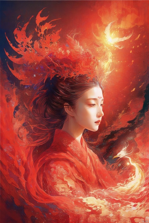  Detailed complex chaotic seascape red burning light mysterious silhouette of phoenix,fung-hwang,UV-reactive, red light art concept by Waterhouse, Carne Griffiths, Minjae Lee, Ana Paula Hoppe, Stylized florescent art, Intricate, Complex contrast, HDR,OverallDetail, mineral color painting