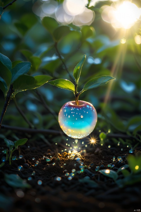 In the early morning sunlight, a delicate apple made of opal hangs from a tree branch, dotted with sparkling dewdrops. Beautiful valley in the background, sacred rainbow glow, milky texture, volumetric light, ethereal, sparkling, internal body light, bioluminescence, studio photo, highly detailed, sharp focus