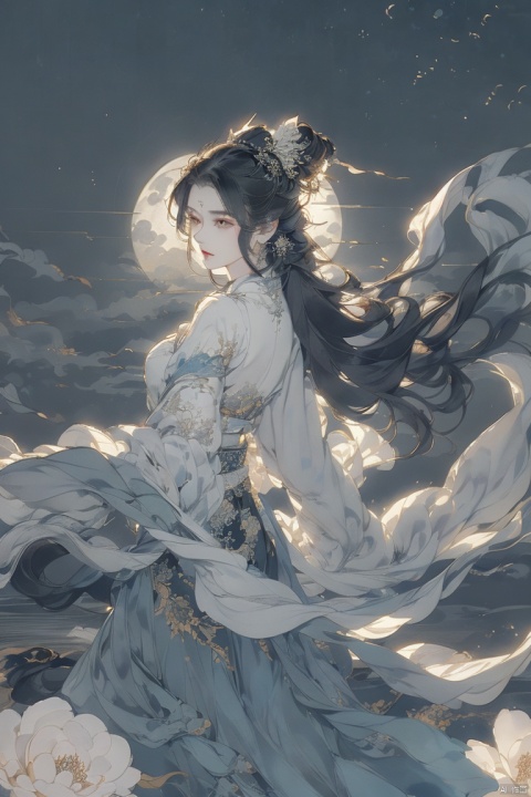  Under the bright moonlight, a girl wearing gorgeous Hanfu was dancing. Her skirt fluttered as she danced, like blooming flowers. The moonlight shone on her body, giving her a silvery glow. Her face looked soft and mysterious in the moonlight, and her eyes revealed her love and dedication to dance., Light master