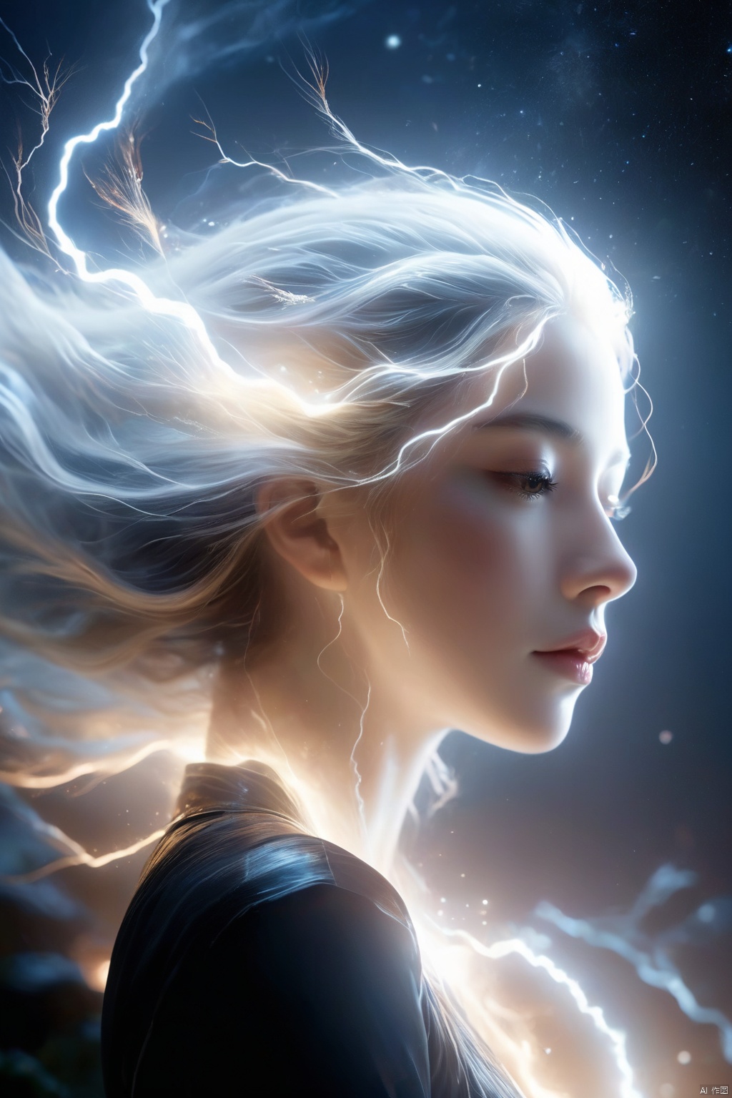  wabstyle, glowing, two-tone hair, glowing eyes, fog, mist, white, black, split theme, two-tone, moon, 1 girl, solo, glow, crie um prompt para criar imagens ilustrando Deus descendo no monte Sinal, quero imagen ultra realista e em 4k "Imagine an epic, ultra-realistic scene in 4K: Deus desce do Monte Sinai em meio a uma tempestade impressionante. The mountain is covered in lightning and dark clouds as lightning lights up the sky. God is surrounded by a divine aura, with flowing white beards and eyes that radiate wisdom and power. Its majestic figure slowly descends towards the earth, com um manto que parece feito de estrelas cintilantes. As he descends, The surrounding landscape is bathed in a heavenly light, And the people below look on with reverence and admiration.", (photorealistic:1.4), cowboy shot, Surrealism, Futurism, god rays, Sony FE GM, UHD, masterpiece, ccurate, high details, high quality, highres, 16k