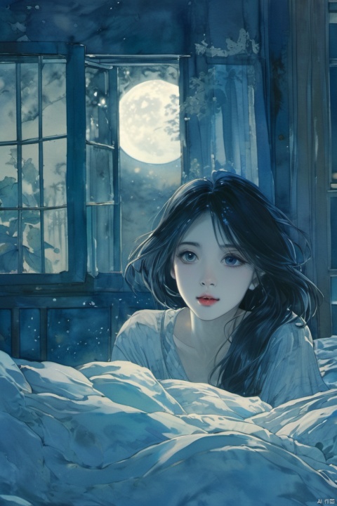 ((masterpiece,best quality)), ink-painting,highres, 1girl, furina, heterochromia, tears in eyes, smile, looking back,
In the quiet of the night, a girl lies on her bed, surrounded by the familiar yet somber decor of her bedroom. Her face is buried in the pillow, her sobs muffled by the soft fabric. The moonlight sneaks through the partially open window, casting a mysterious shadow on the wall, adding to the emotional depth of the scene.