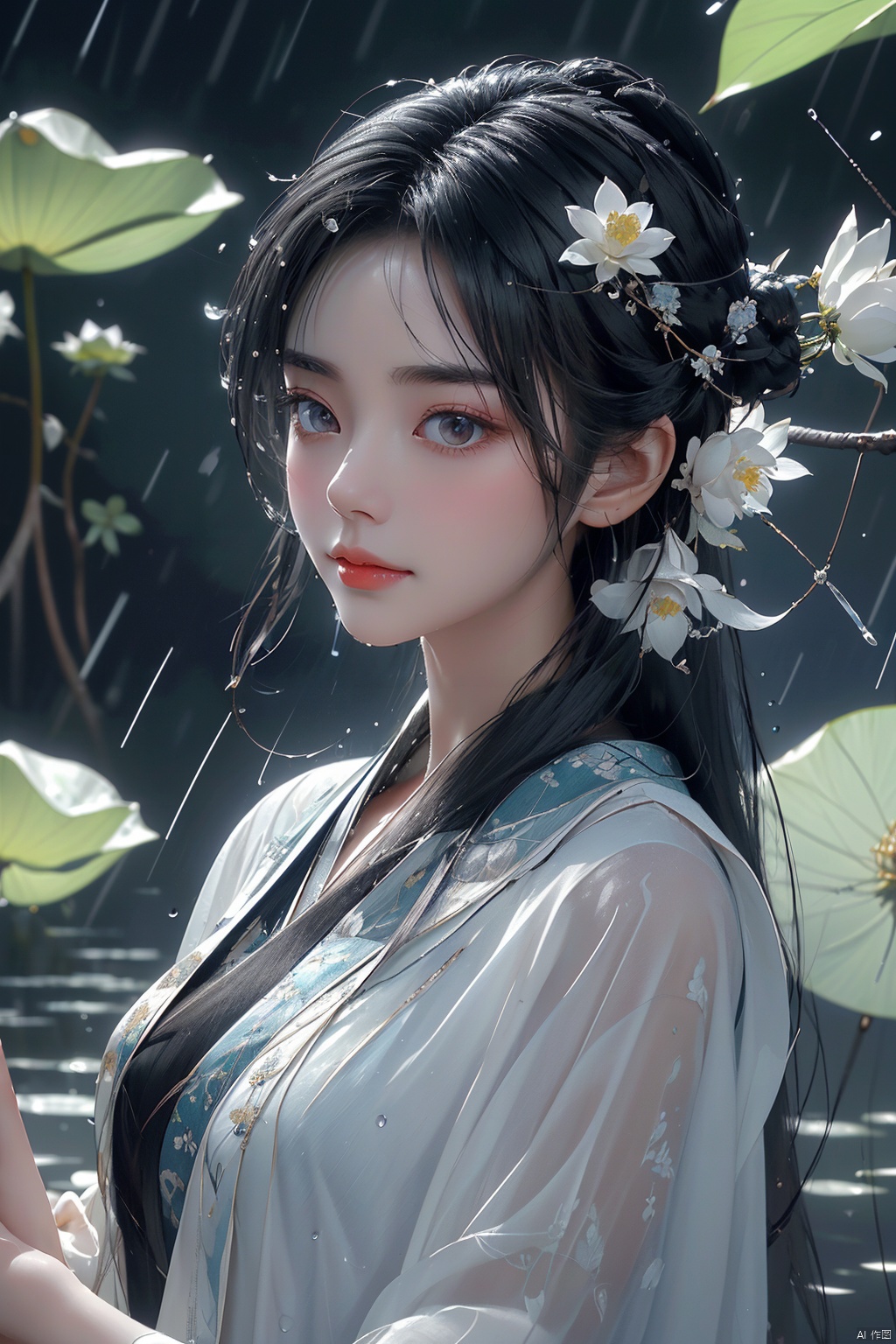 "A black-haired woman with a blue garland lies sideways on a lotus, surrounded by lotus flowers, light clouds, light brown background, dreamy and tranquil.雨中In the rain,Bracelet, jade pendant, hairpin, hairpin