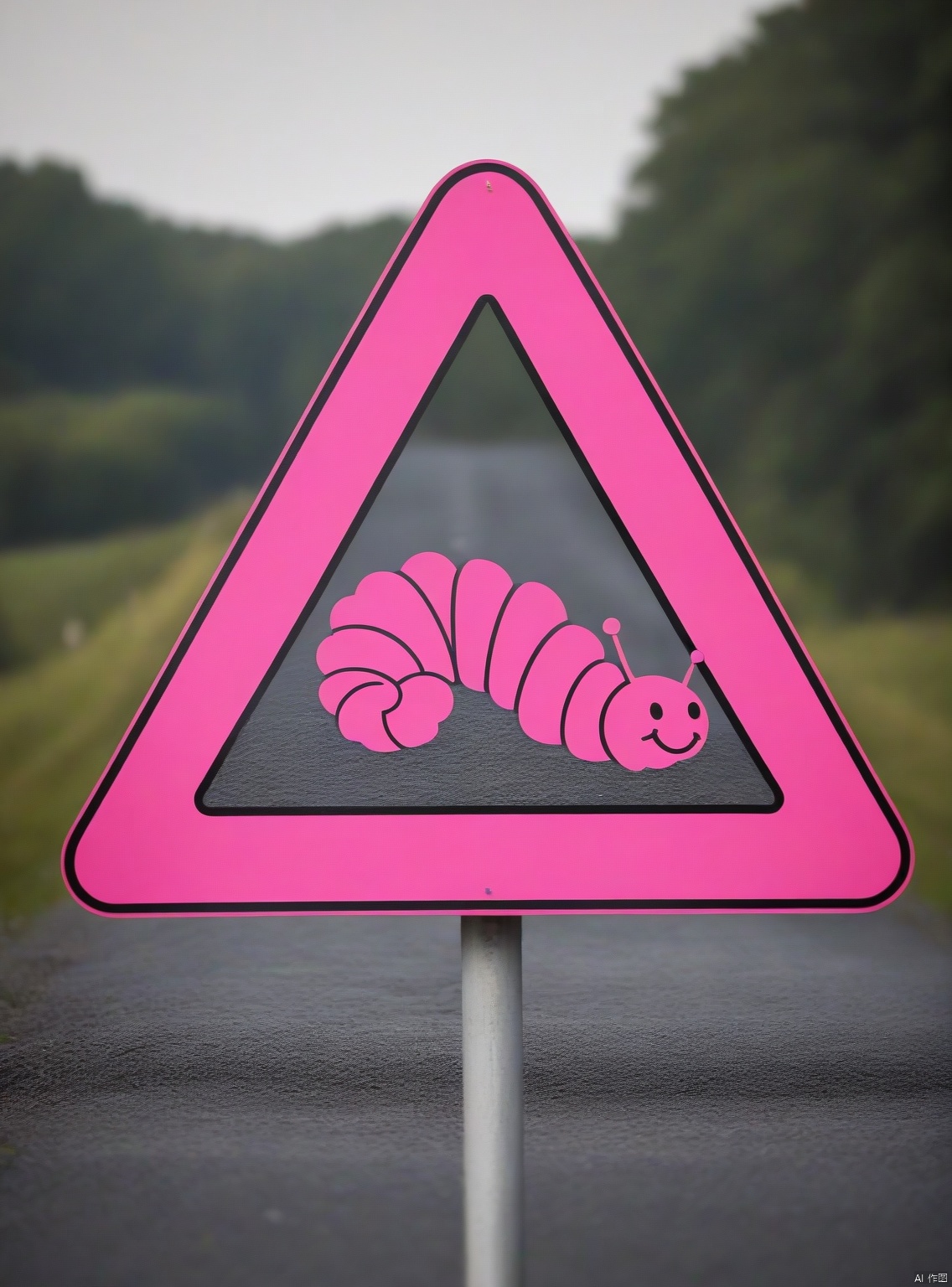 a photo of a road sign , (text "Pink Caterpillar Ahead":1.4), a road sign displaying the silhouette of , ominously suggesting that this elusive cryptid might be making a road crossing. , , cute animal