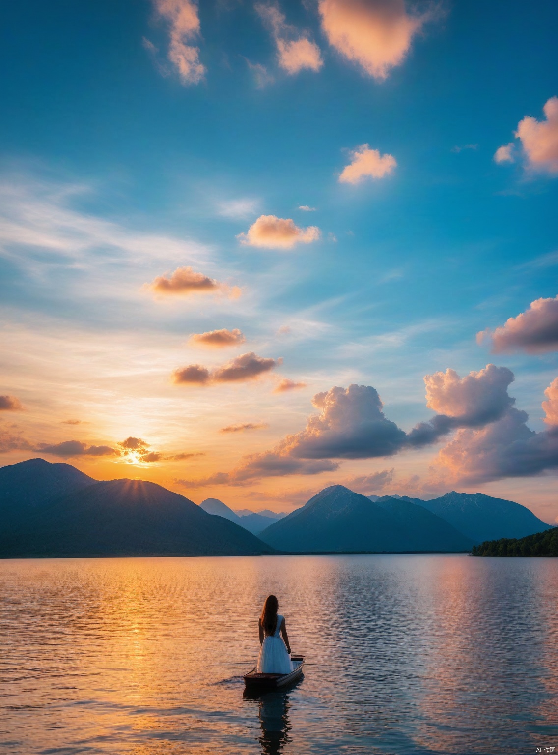  Masterpiece, ultra-high definition image quality, a female, sunset glow, lake, blue sky, white clouds