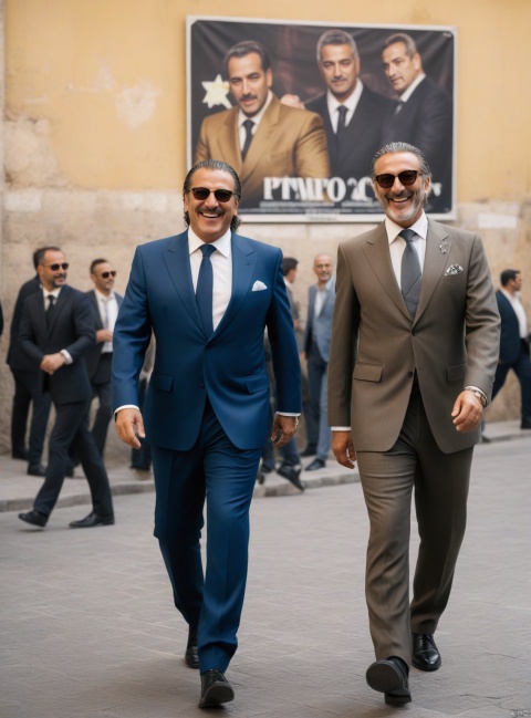  Two Sicilian mafia walking on the streets of Palermo,UHD,masterpiece,anime style,laughing,2middle aged man,Italian billboard,suit,sunglasses,gold bracelet,hair slicked back,Ultra-Wide Angle,actor connection,real world location,Palermo (City),