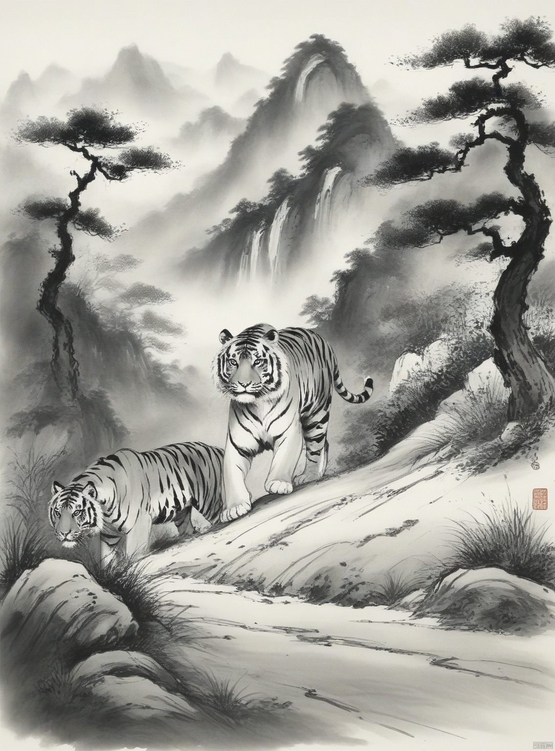  ((best quality)), ((masterpiece)), A giant, majestic tiger is walking down a hill, surrounded by trees, facing the camera, (Chinese ink style:1.1), (dynamic composition:1.2), (unfettered spirit:0.9)