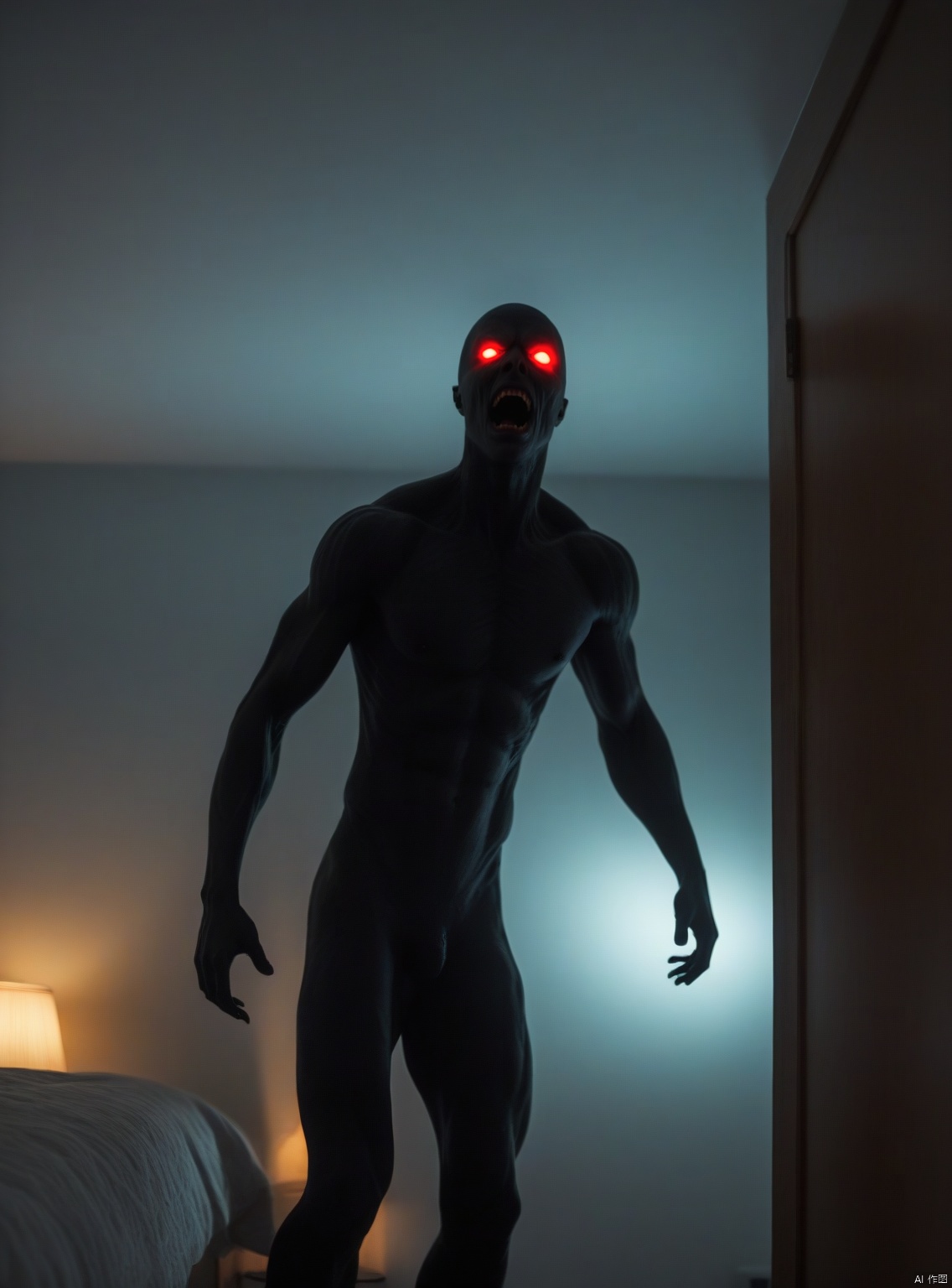 A horrifying black sleep paralysis demon, realistic, in a bedroom, no ears, one huge glowing eye, dark room, no mouth, standing in corner of room, looking down, red eye, male, dark bedroom, from below,