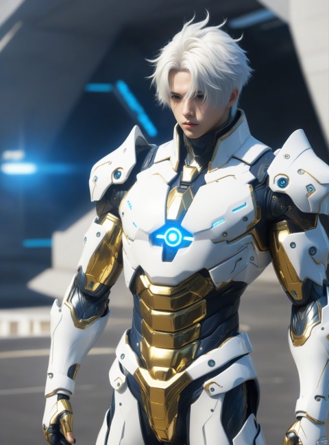 Pretty boy, sunny outgoing, white hair, future battle suit, gold plated, electroplated paint, future mechanical armor, sci-fi background Cyberpunk, 3D, anime style, blue stripes, full body