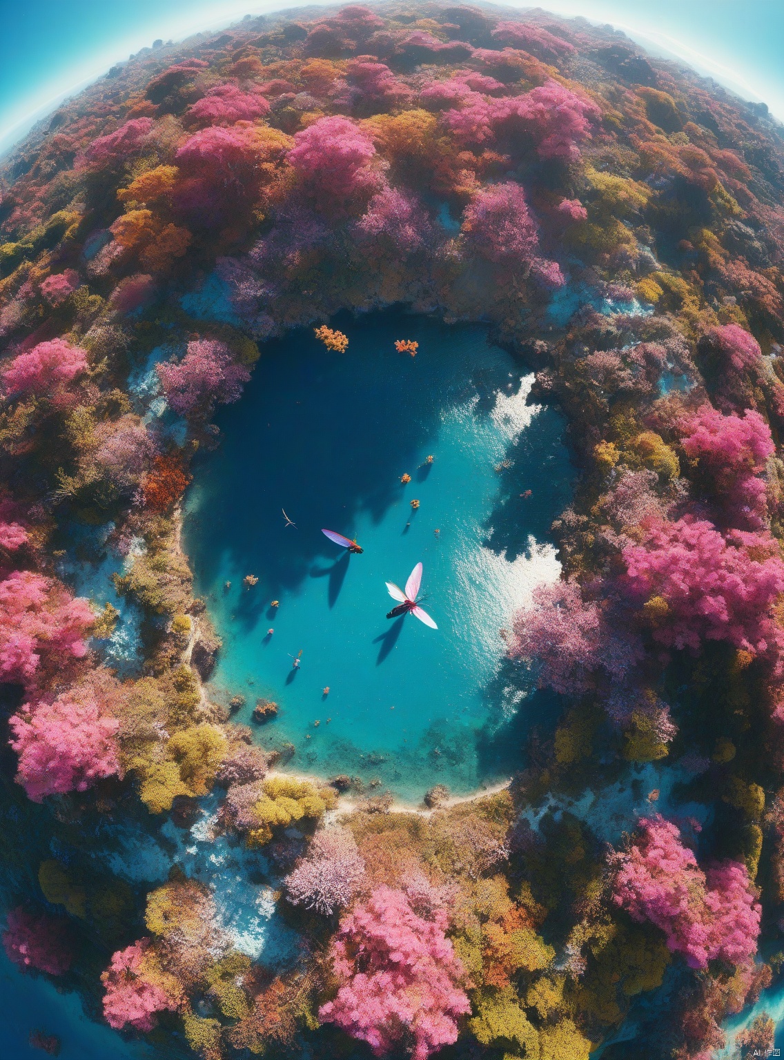  High-quality, masterpieceuniverse,there are large pink vegetation, colorful vegetation and blue ocean and atmosphere on the surface of a planet,Insects with huge wings are flying in the sky.true style, film quality.Gorgeous, colorful, detailed and meticulous light and shadow.Super wide angle