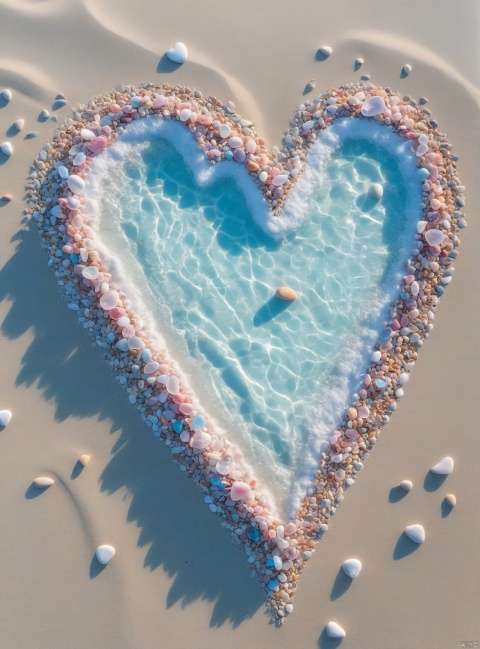 The edge of the white beach is covered with colorful glowing creatures and pebbles, and the picture is a light blue transparent one. The heart sprinkled on the sand is a light blue rose, with various colors, artistic optics, smooth and transparent glowing creatures and pebbles, heart-shaped, pink stones laid out in a heart-shaped shape, marble, sunlight, ultra wide perspective, sunlight ocean volume light, surrealism, ultra wide field of view, aerial photography, ultra wide field of view, ultra high definition image quality, 8K, high detail, rendered to octane value, ultra long lens, beautiful sunshine