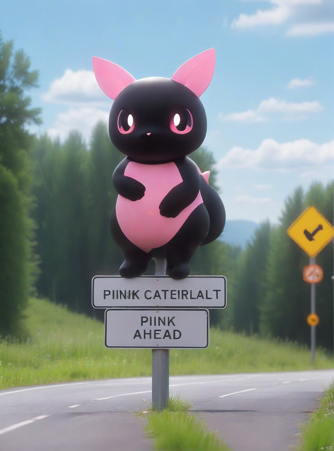 a photo of a road sign , (text "Pink Caterpillar Ahead":1.4), a road sign displaying the silhouette of , ominously suggesting that this elusive cryptid might be making a road crossing. , , cute animal