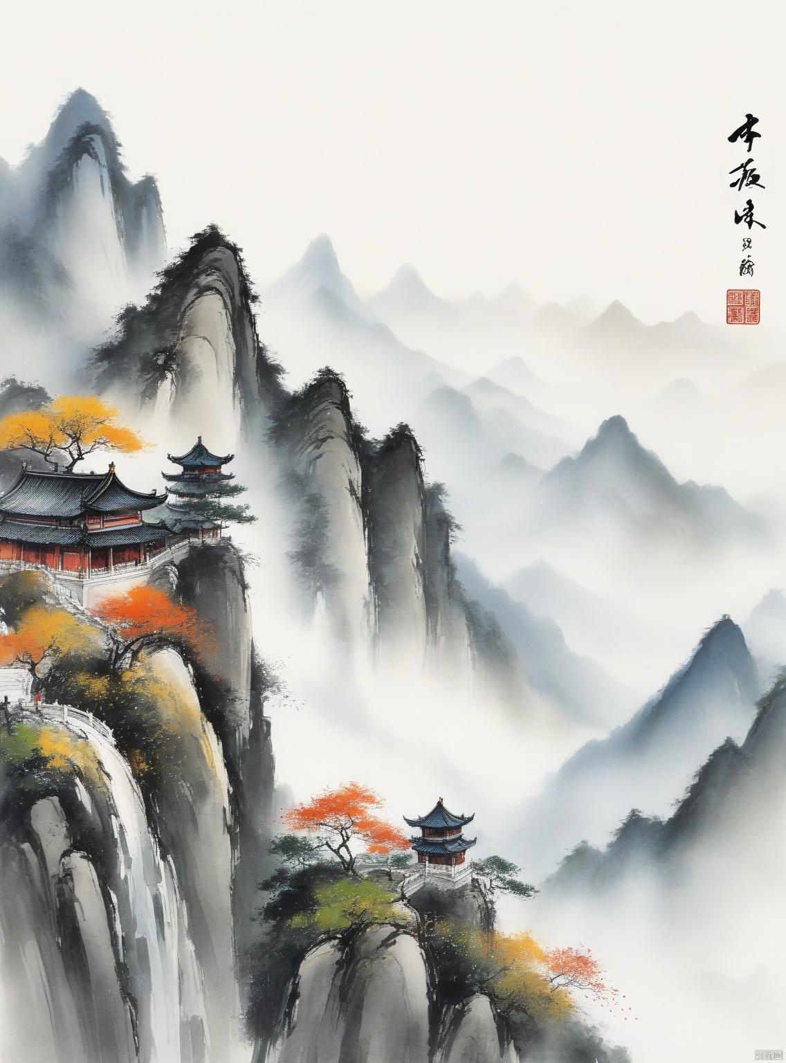 Chinese ink painting,Mountain ,Chinese landscape painting line drawing,high quality,art poster,multicolored hair,bokeh,three-point perspective,ultrawide shot