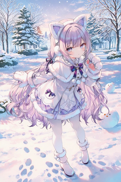 1girl, solo, long hair, looking at viewer, blush, open mouth, blue eyes, long sleeves, hair ornament, gloves, dress, animal ears, ribbon, very long hair, standing, full body, hair ribbon, purple hair, pantyhose, outdoors, parted lips, boots, sky, white gloves, white dress, arm up, coat, tree, fur trim, fake animal ears, capelet, leaning forward, shadow, white footwear, standing on one leg, outstretched arm, white pantyhose, pom pom \(clothes\), snow, animal hands, white coat, snowing, winter clothes, white capelet, earmuffs, paw gloves, fur-trimmed coat, fur-trimmed sleeves, winter, fur-trimmed capelet, fur-trimmed dress, fur-trimmed boots, footprints, fur-trimmed footwear, snowball
,masterpiece, best quality, high quality, extremely detailed CG unity 8k wallpaper, extremely detailed, High Detail, vibrant colors, anime style, ((artist:reoen), (artist:atdan), year 2024:0.8), [[artist:rhasta]], artist:tidsean ,mafuyu,topu,artist:kedama milk,rurudo,hiten_(hitenkei),weri,official_art, game cg,honkai impact 3rd, newest,3d,absurdres, highres, official art,masterpiece, best quality, good quality,{{ciloranko}}, [artist:ke-ta],[[[artist:fuzichoco,artist:torino_aqua,miwabe_sakura]]], [[[aoi ogata]]],highres,detailed,hyper-detailed,year 2024,year 2023,lighting,shadows,contrast,saturated,high resolution,64K,crisp,uhd,newest,8K,HDR,reia, (hiten_(hitenkei):0.6), (maccha_(mochancc):0.5),