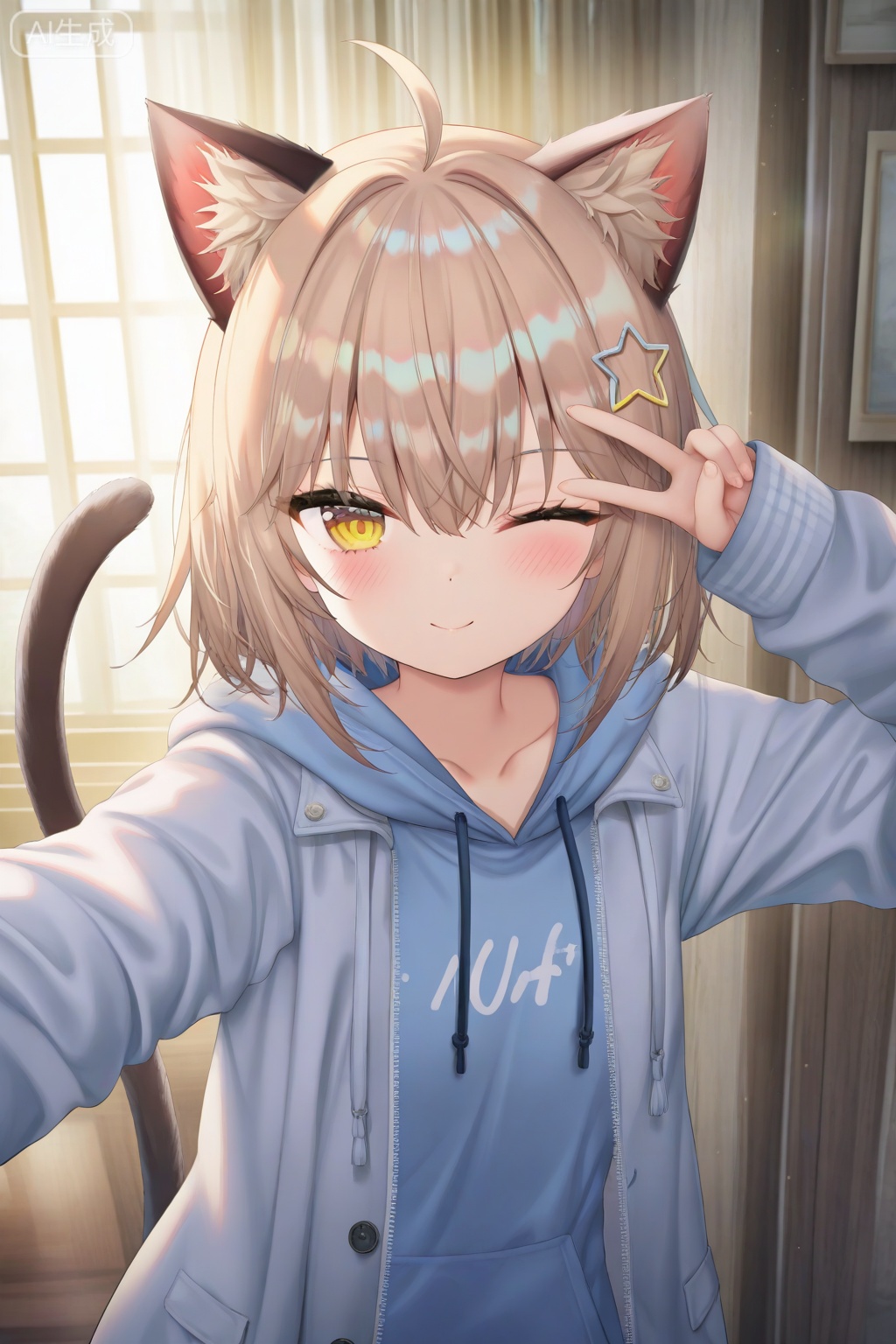 rurudo,torino aqua,chen bin ,sho \(sho lwlw\),mafuyu ,topu,masterpiece, best quality, highres, absurdres, newest, anime coloring, anime screenshot, official style, official anime artwork, amazing quality, perfect quality, very aesthetic, promotional art, intricate details, anime style, very awa, anime realism, anime character, anime wallpaper, highly detailed, 
1girl, solo, looking at viewer, blush, smile, short hair, bangs, blonde hair, brown hair, hair ornament, long sleeves, animal ears, hair between eyes, closed mouth, collarbone, jacket, tail, yellow eyes, upper body, ahoge, one eye closed, open clothes, virtual youtuber, cat ears, hood, star \(symbol\), open jacket, animal ear fluff, v, hoodie, hood down, extra ears, star hair ornament, drawstring