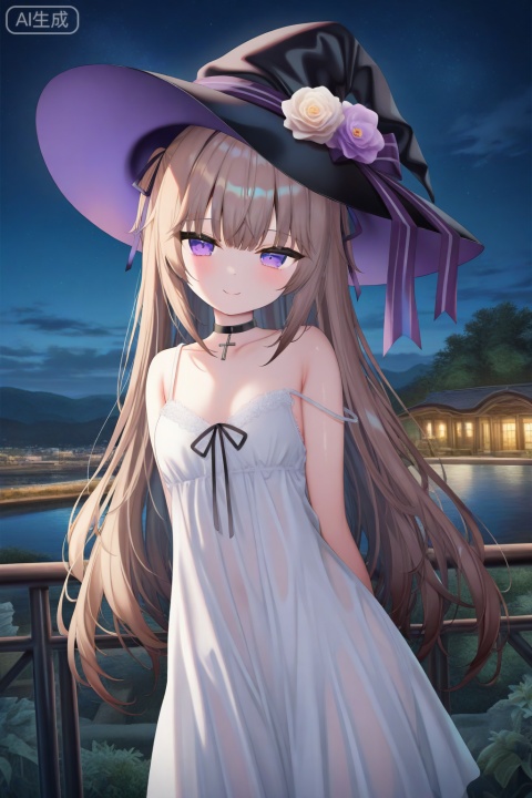 rurudo,torino aqua,chen bin ,sho \(sho lwlw\),mafuyu ,topu,muku \(apupop\),masterpiece, best quality, highres, absurdres, newest, anime coloring, anime screenshot, official style, official anime artwork, amazing quality, perfect quality, very aesthetic, promotional art, intricate details, anime style, very awa, anime realism, anime character, anime wallpaper, highly detailed, 
1girl, solo, long hair, breasts, looking at viewer, smile, bangs, brown hair, hair ornament, hat, dress, ribbon, bare shoulders, very long hair, closed mouth, standing, purple eyes, collarbone, hair ribbon, flower, cowboy shot, small breasts, outdoors, choker, white dress, see-through, black headwear, witch hat, night, black choker, arms behind back, strap slip, hat flower