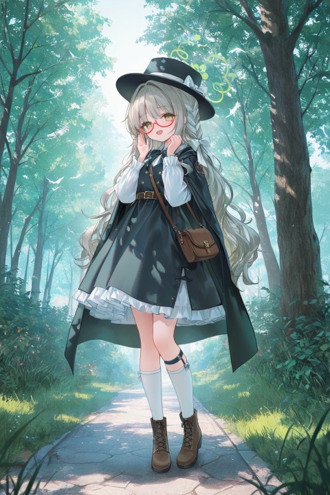 miyo \(blue archive\), blush, smile, open mouth, bangs, skirt,  shirt, hair ornament, long sleeves, hat, dress, bow, ribbon, very long hair, standing, full body, white shirt, :d, boots, outdoors, frills, glasses, day, socks, hairclip, puffy sleeves, belt, black skirt, bag, cape, vest, black dress, tree, hands up, kneehighs, black headwear, black bow, neck ribbon, thigh strap, bird, blue bow, brown footwear, frilled dress, hat ribbon, grass, white bow, plant, white socks, hat bow, nature, semi-rimless eyewear, cross-laced footwear, red-framed eyewear, under-rim eyewear, bespectacled, black vest, top hat, shoulder bag, black cape, 
,masterpiece,best quality,amazing quality,very aesthetic,absurdres,newest,highres,score_9,score_8,masterpiece, best quality, newest, highres, absurdres, uhd, 64K, crisp, HDR, intricate details, vibrant colors, pastel colors, soft lighting, dreamy atmosphere, ethereal, serene expression, official style, official art,  game cg, honkai impact 3rd, 3d, promotional art, very aesthetic, amazing quality, perfect quality, lighting, shadows, contrast, year 2024, year 2023,depth of field,dynamic lighting,light particle,best quality,very aesthetic,highres,absurdres,(Tyndall Effect 1.4),cover art,extreme aesthetic,artist:rurudo, artist:reoen, artist:atdan, artist:rhasta, artist:tidsean, artist:kedama milk, hiten_(hitenkei), artist:weri, artist:ke-ta, artist:fuzichoco,miwabe_sakura, aoi ogata, reia, maccha_(mochancc), artist:ningen_mame, artist:sho_(sho_lwlw), artist:wlop, chen_bin, ciloranko, mafuyu \(chibi21\), chen bin,topu,noyu_(noyu23386566),harimoji,rin yuu,(artist:tianliang duohe fangdongye:0.9),noyu23386566,ningen mame,(artist:sho:0.826446),(sho lwlw:0.909091),(artist:kedama_milk:0.5),(bee_\(deadflow\):0.7),artist:dino,(artist:fkey:0.8),(artist:wlop:1),(sy4:0.85),(reoen:0.7),(kedama_milk:0.7),(bae.c:0.6),(torino aqua:0.5),
